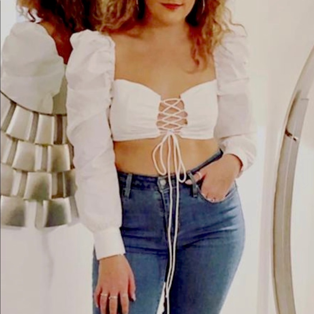 Shein White long sleeve lace up cropped linen shirt